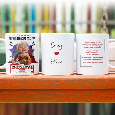 Custom Wonder Woman Baby Mug – “The Tiny Amazonian” with Personalized Photo, Name & Heartwarming Message